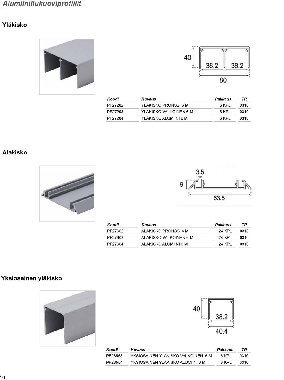 PF27603 ALAKISKO VALKOINEN 6 M 24 KPL 0310 PF27604 ALAKISKO ALUMIINI 6 M 24 KPL 0310 Yksiosainen yläkisko