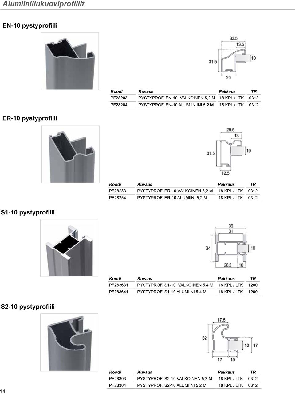 ER-10 ALUMIINI 5,2 M 18 KPL / LTK 0312 S1-10 pystyprofiili PF283631 PYSTYPROF. S1-10 VALKOINEN 5,4 M 18 KPL / LTK 1200 PF283641 PYSTYPROF.