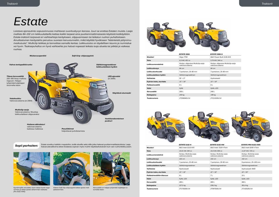 Estate-traktorit tarjoavat eri vaihtoehtoja keräykseen, silppuamiseen tai leikatun ruohon puhallukseen.