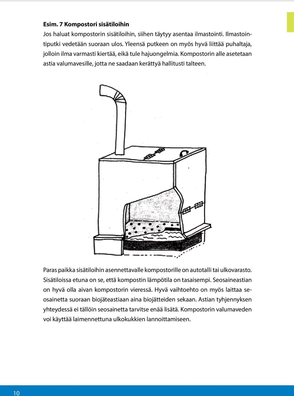 Paras paikka sisätiloihin asennettavalle kompostorille on autotalli tai ulkovarasto. Sisätiloissa etuna on se, että kompostin lämpötila on tasaisempi.
