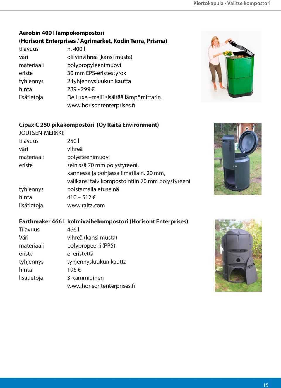 fi Cipax C 250 pikakompostori (Oy Raita Environment) JOUTSEN-MERKKI! 250 l materiaali polyeteenimuovi seinissä 70 mm polystyreeni, kannessa ja pohjassa ilmatila n.