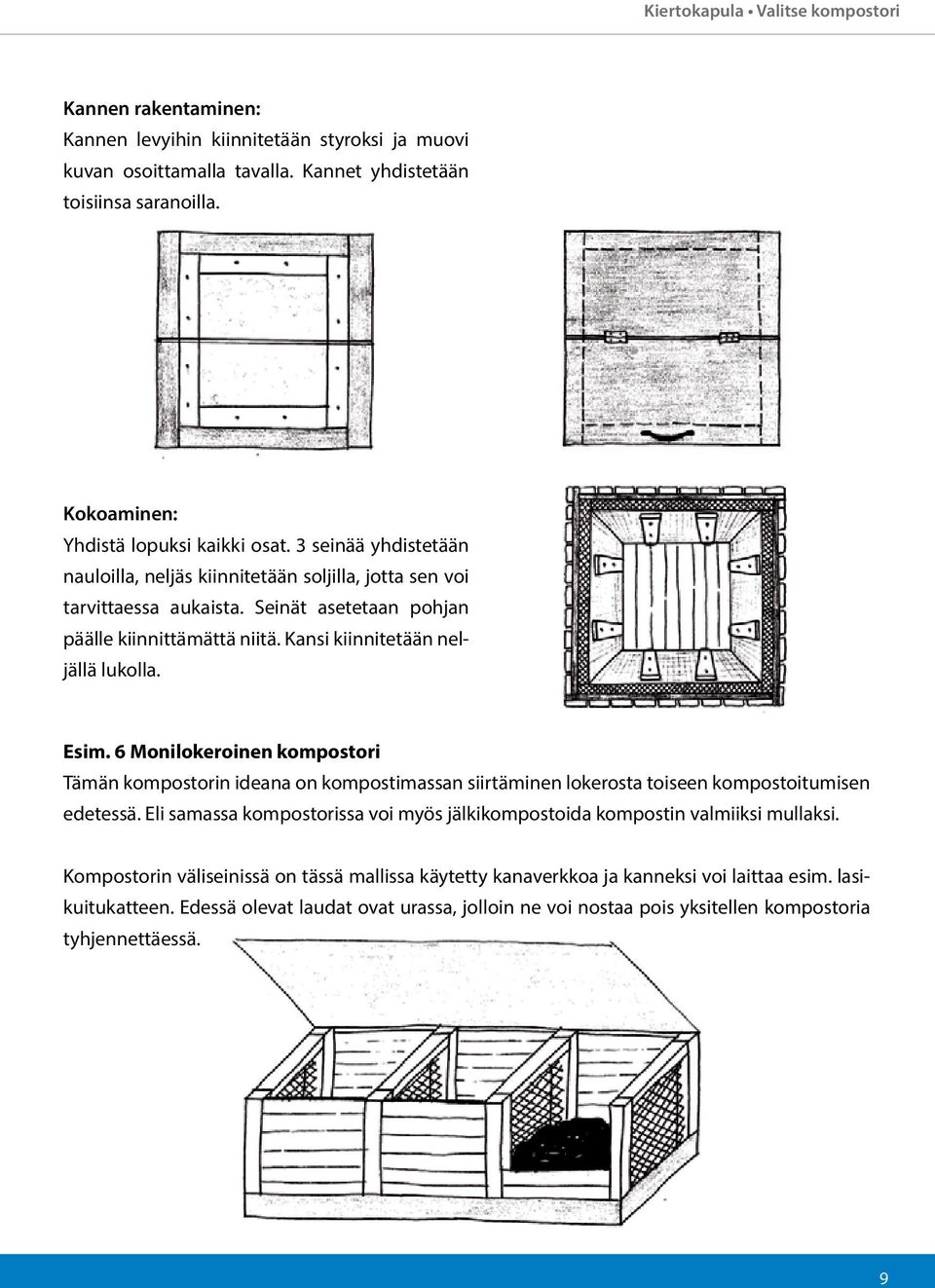 Kansi kiinnitetään neljällä lukolla. Esim. 6 Monilokeroinen kompostori Tämän kompostorin ideana on kompostimassan siirtäminen lokerosta toiseen kompostoitumisen edetessä.