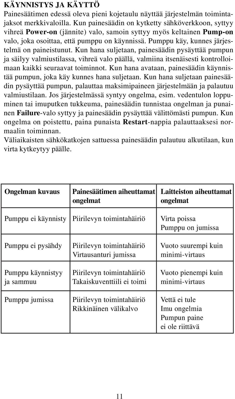 Pumppu käy, kunnes järjestelmä on paineistunut.