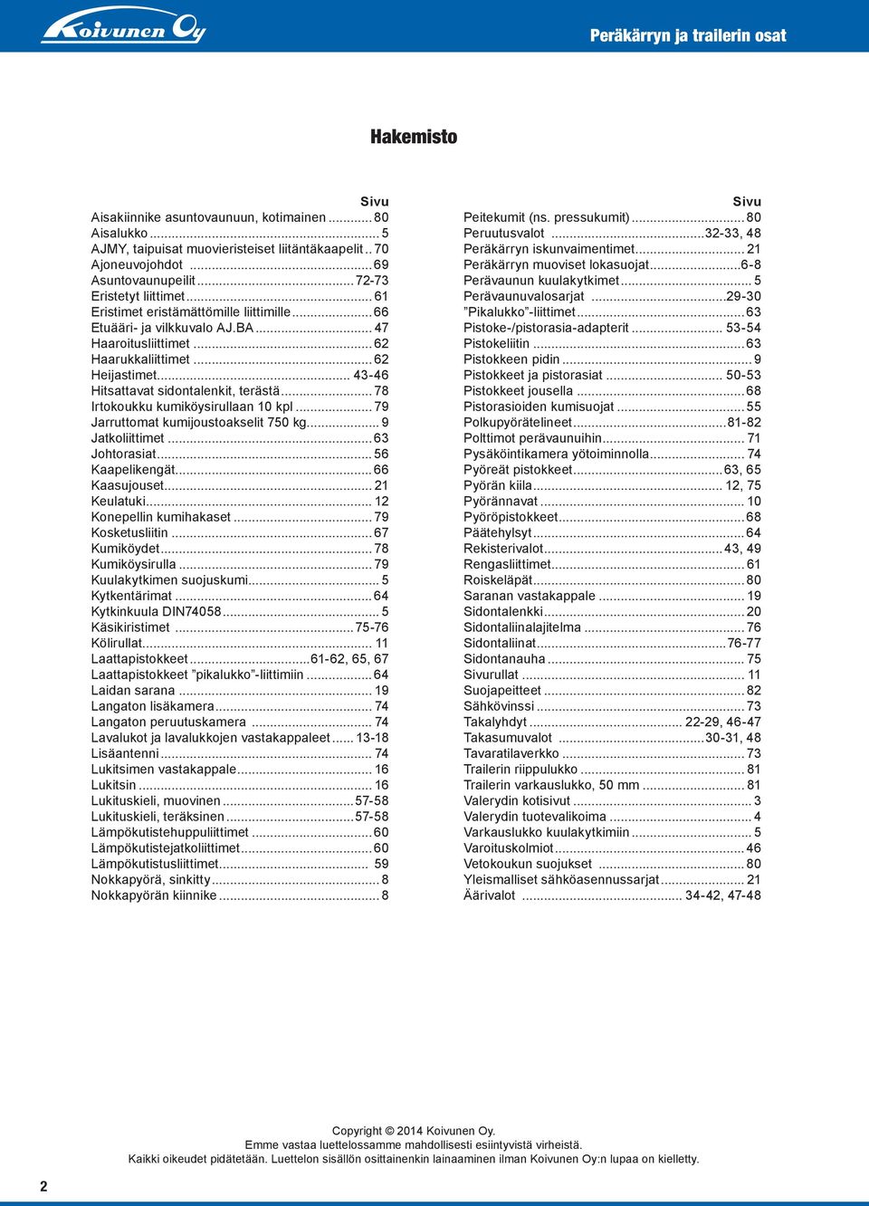 .. 78 Irtokoukku kumiköysirullaan 10 kpl... 79 Jarruttomat kumijoustoakselit 750 kg... 9 Jatkoliittimet... 63 Johtorasiat... 56 Kaapelikengät... 66 Kaasujouset... 21 Keulatuki.