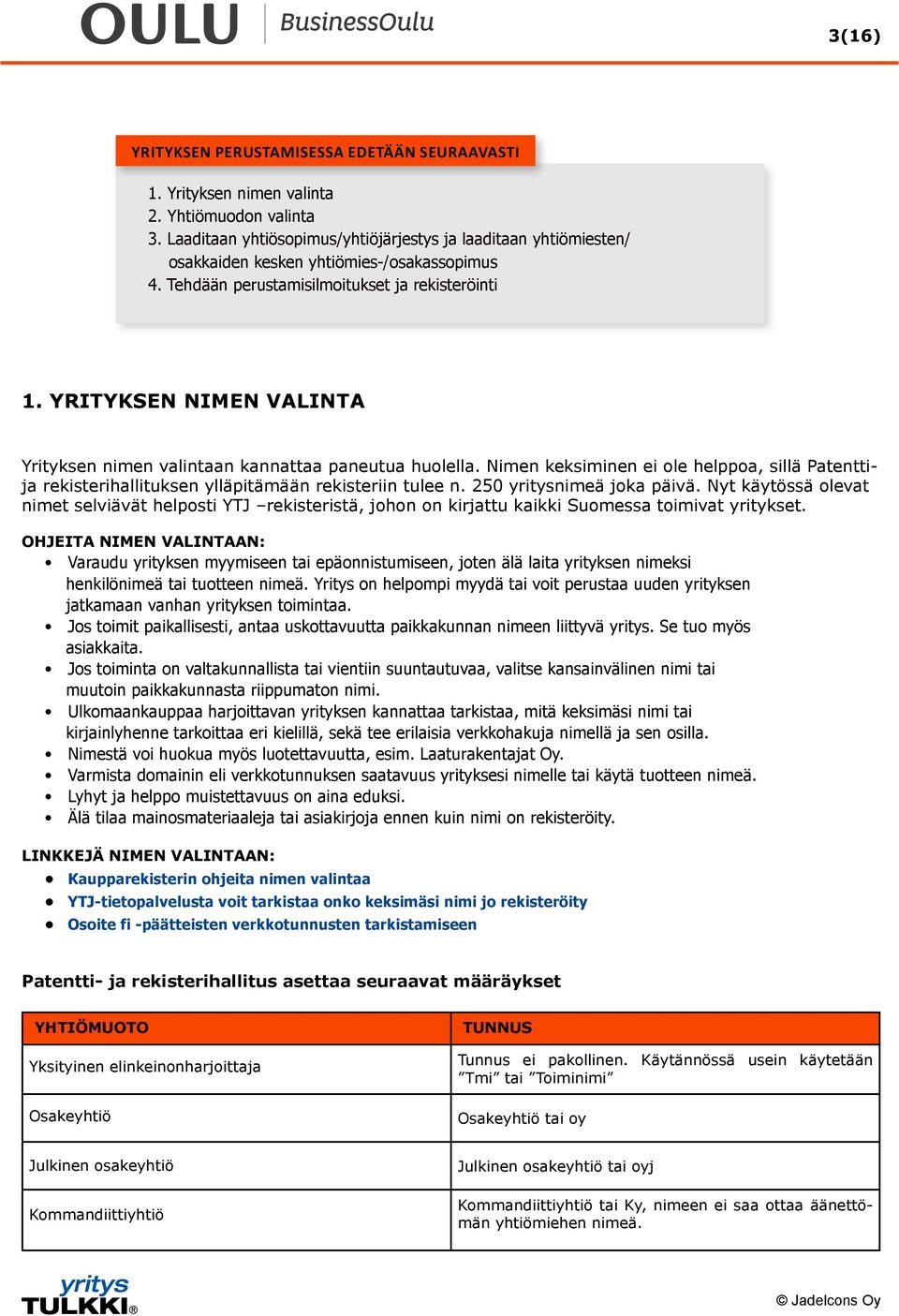 YRITYKSEN NIMEN VALINTA Yrityksen nimen valintaan kannattaa paneutua huolella. Nimen keksiminen ei ole helppoa, sillä Patenttija rekisterihallituksen ylläpitämään rekisteriin tulee n.