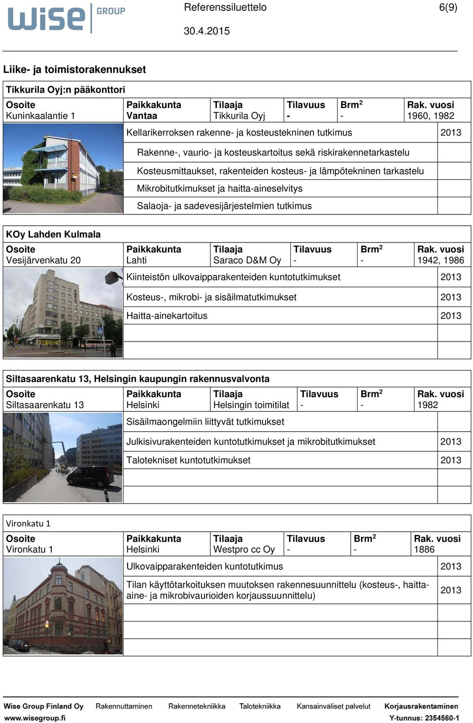 Lahden Kulmala Vesijärvenkatu 20 Lahti Saraco D&M Oy 1942, 1986 Kiinteistön ulkovaipparakenteiden kuntotutkimukset 2013 Kosteus, mikrobi ja sisäilmatutkimukset 2013 Haittaainekartoitus 2013