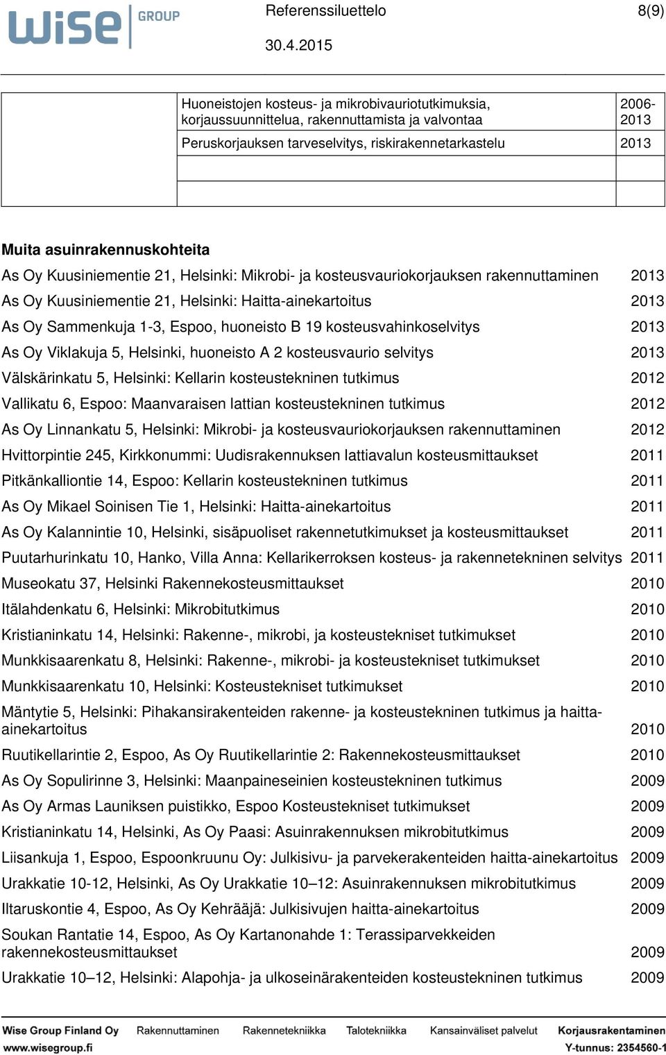 kosteusvahinkoselvitys 2013 As Oy Viklakuja 5,, huoneisto A 2 kosteusvaurio selvitys 2013 Välskärinkatu 5, : Kellarin kosteustekninen tutkimus 2012 Vallikatu 6, Espoo: Maanvaraisen lattian