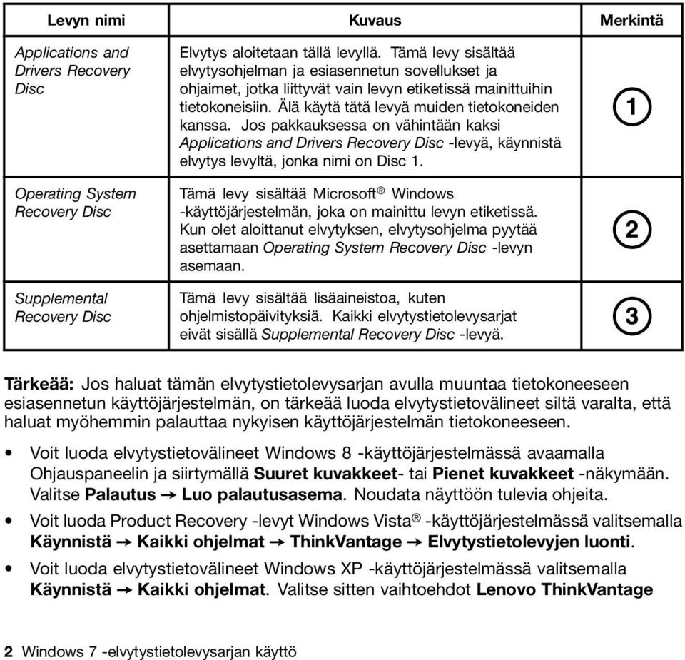 Jos pakkauksessa on vähintään kaksi Applications and Drivers Recovery Disc -levyä, käynnistä elvytys levyltä, jonka nimi on Disc 1.