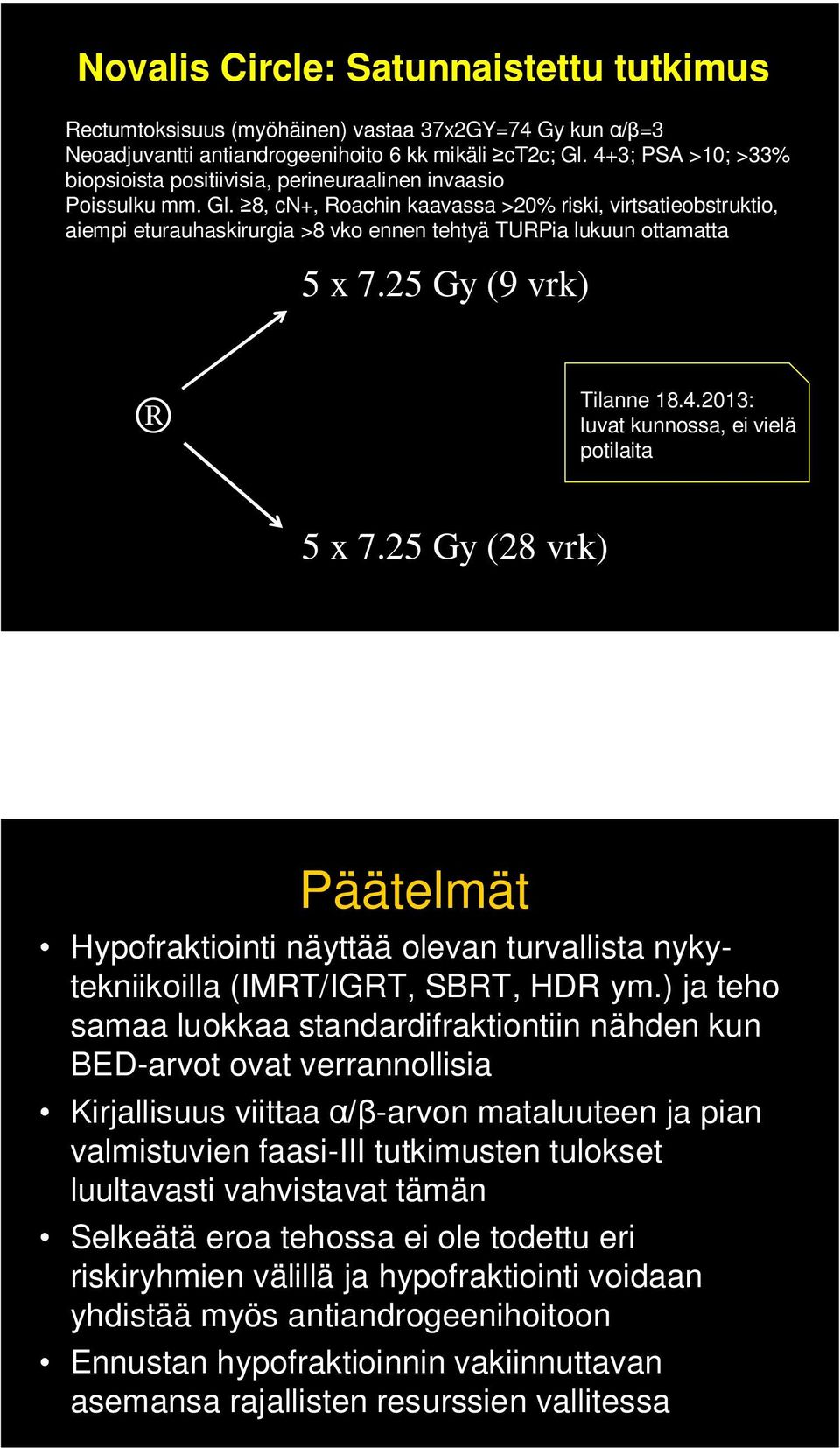 8, cn+, Roachin kaavassa >20% riski, virtsatieobstruktio, aiempi eturauhaskirurgia >8 vko ennen tehtyä TURPia lukuun ottamatta 5 x 7.25 Gy (9 vrk) Tilanne 18.4.