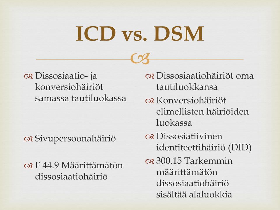 44.9 Määrittämätön dissosiaatiohäiriö Dissosiaatiohäiriöt oma tautiluokkansa