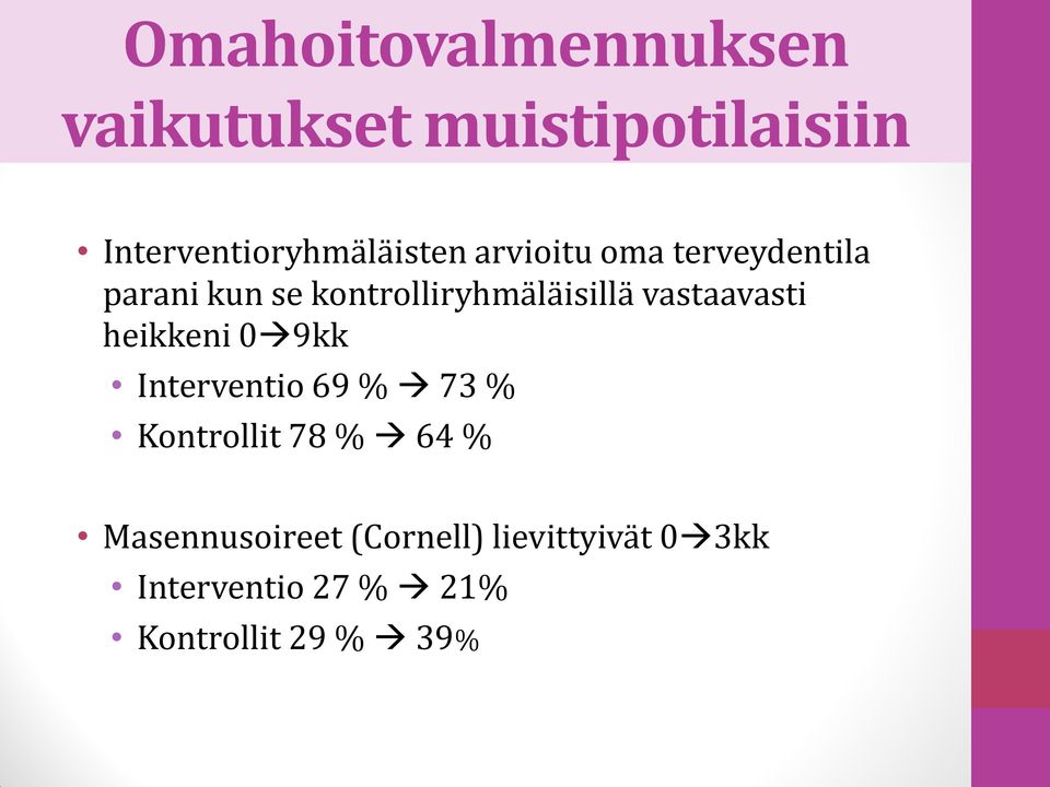 kontrolliryhmäläisillä vastaavasti heikkeni 0 9kk Interventio 69 % 73 %