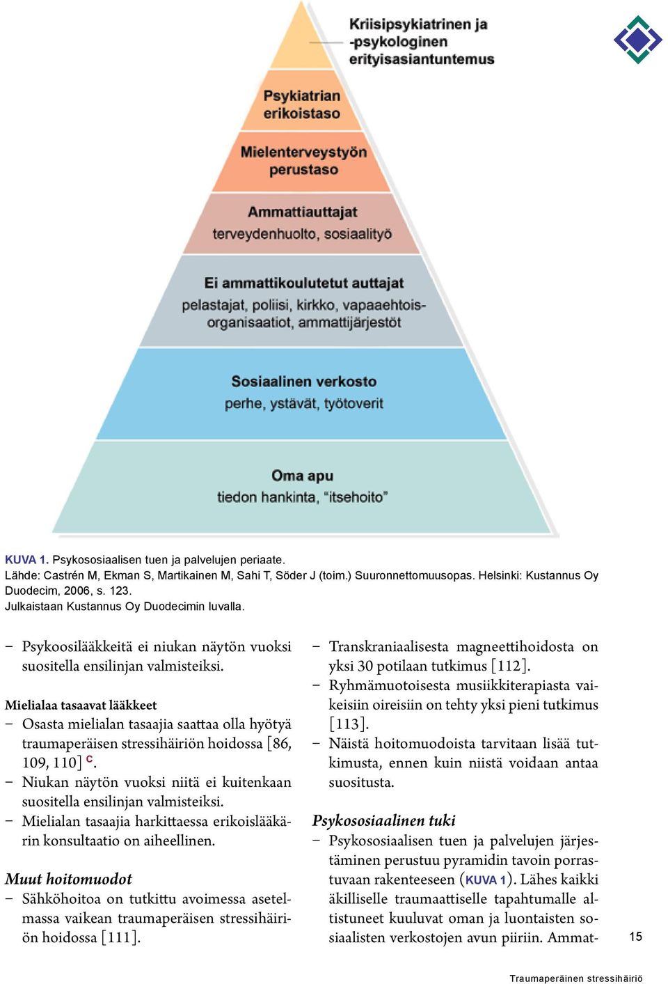 Mielialaa tasaavat lääkkeet Osasta mielialan tasaajia saattaa olla hyötyä traumaperäisen stressihäiriön hoidossa [86, 109, 110] C.