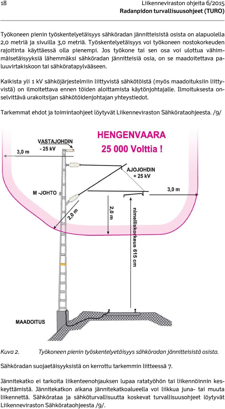 Jos työkone tai sen osa voi ulottua vähimmäisetäisyyksiä lähemmäksi sähköradan jännitteisiä osia, on se maadoitettava paluuvirtakiskoon tai sähköratapylvääseen.