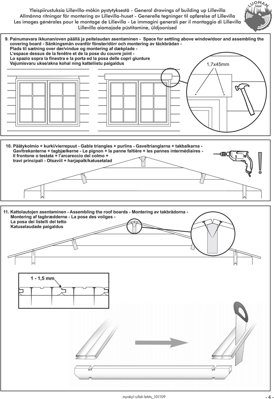 Painumavara ikkunan/oven päällä ja peitelaudan asentaminen - Space for settling above window/door and assembling the covering board - Sänkingsmån ovanför fönster/dörr och montering av täckbrädan -