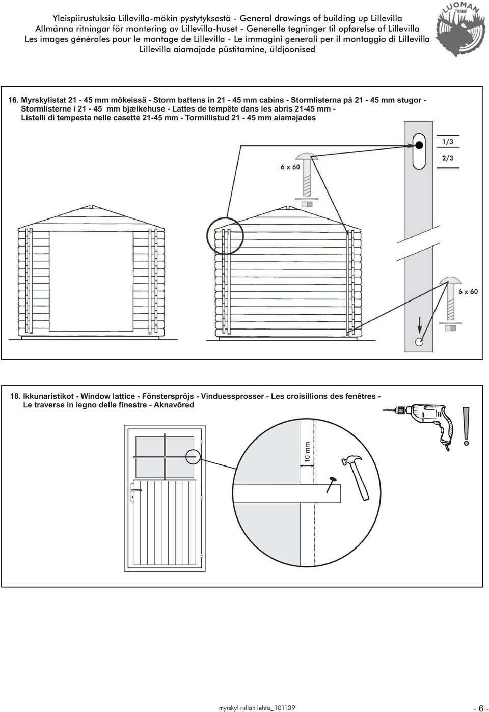 Myrskylistat 1-45 mm mökeissä - Storm battens in 1-45 mm cabins - Stormlisterna på 1-45 mm stugor - Stormlisterne i 1-45 mm bjælkehuse - Lattes de tempête dans les abris 1-45 mm - Listelli di