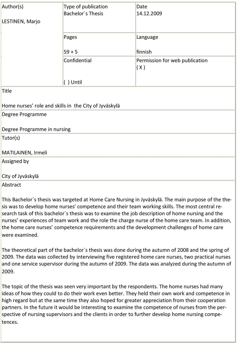 Tutor(s) MATILAINEN, Irmeli Assigned by City of Jyväskylä Abstract This Bachelor s thesis was targeted at Home Care Nursing in Jyväskylä.