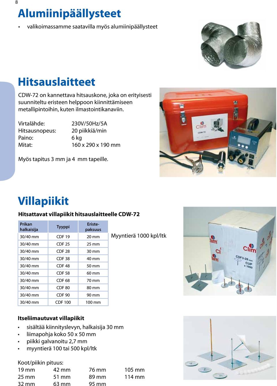 Villapiikit Hitsattavat villapiikit hitsauslaitteelle CDW-72 Prikan halkaisija Tyyppi Eristepaksuus 30/40 mm CDF 19 20 mm 30/40 mm CDF 25 25 mm 30/40 mm CDF 28 30 mm 30/40 mm CDF 38 40 mm 30/40 mm