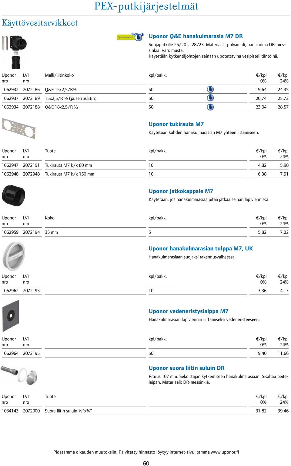 Malli/liitinkoko 62932 2072186 Q&E 1x2,/R½ 0 19,64 24,3 62937 2072189 1x2,/R ½ (puserrusliitin) 0 20,74 2,72 62934 2072188 Q&E 18x2,/R ½ 0 23,04 28,7 tukirauta M7 Käytetään kahden hanakulmarasian M7