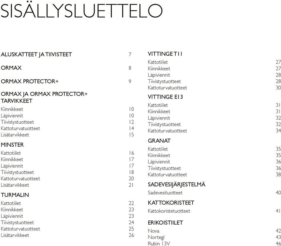 Kattoturvatuotteet 25 Lisätarvikkeet 26 VITTINGE T11 Kattotiilet 27 Kiinnikkeet 27 Läpiviennit 28 Tiivistystuotteet 28 Kattoturvatuotteet 30 VITTINGE E13 Kattotiilet 31 Kiinnikkeet 31 Läpiviennit 32