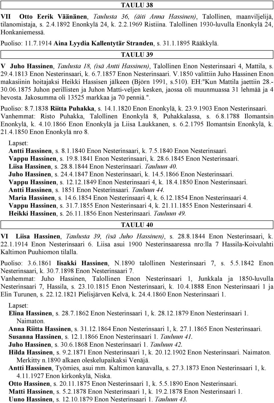 TAULU 39 V Juho Hassinen, Taulusta 18, (isä Antti Hassinen), Talollinen Enon Nesterinsaari 4, Mattila, s. 29.4.1813 Enon Nesterinsaari, k. 6.7.1857 Enon Nesterinsaari. V.1850 valittiin Juho Hassinen Enon makasiinin hoitajaksi Heikki Hassisen jälkeen (Björn 1991, s.