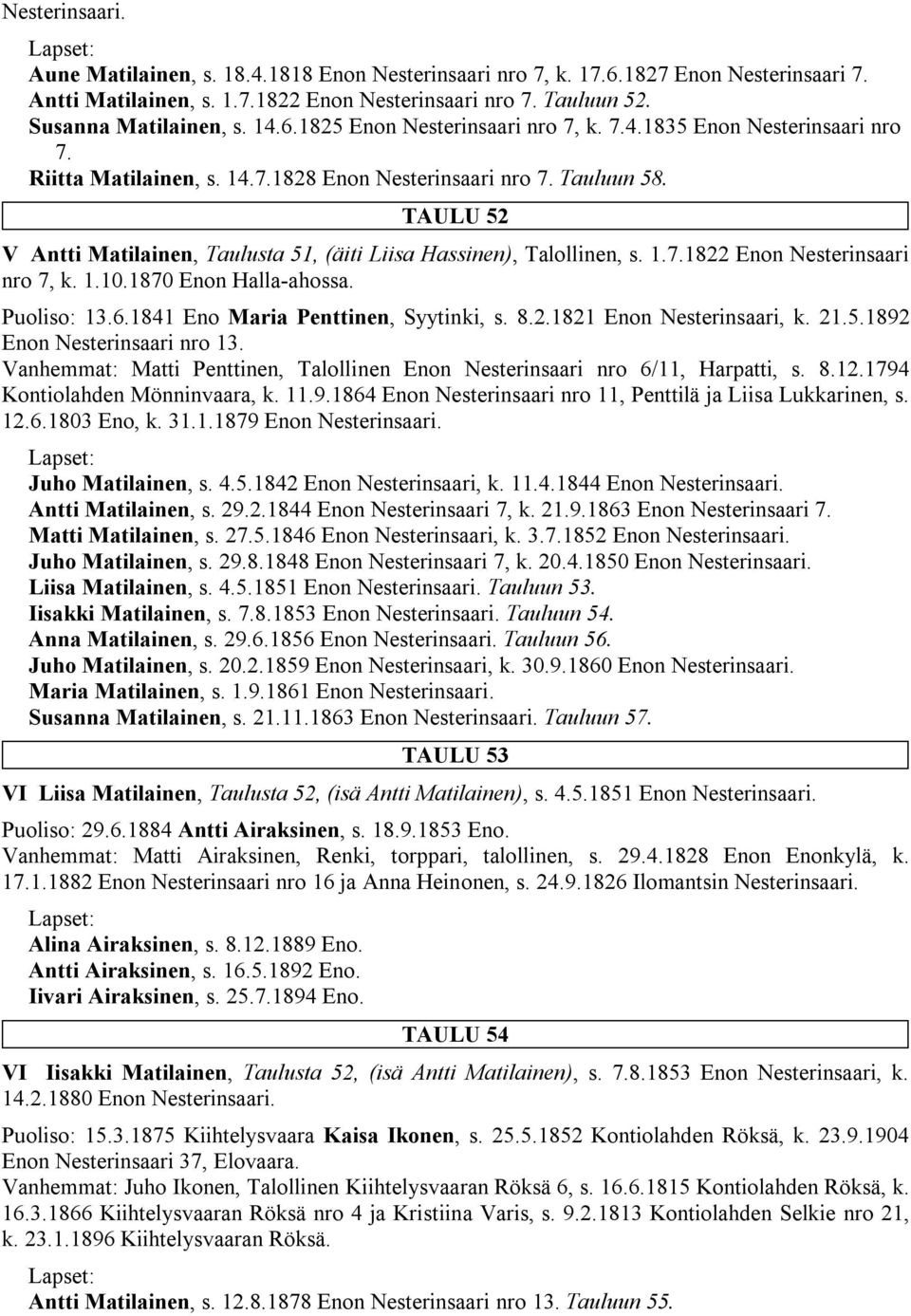 TAULU 52 V Antti Matilainen, Taulusta 51, (äiti Liisa Hassinen), Talollinen, s. 1.7.1822 Enon Nesterinsaari nro 7, k. 1.10.1870 Enon Halla-ahossa. Puoliso: 13.6.1841 Eno Maria Penttinen, Syytinki, s.