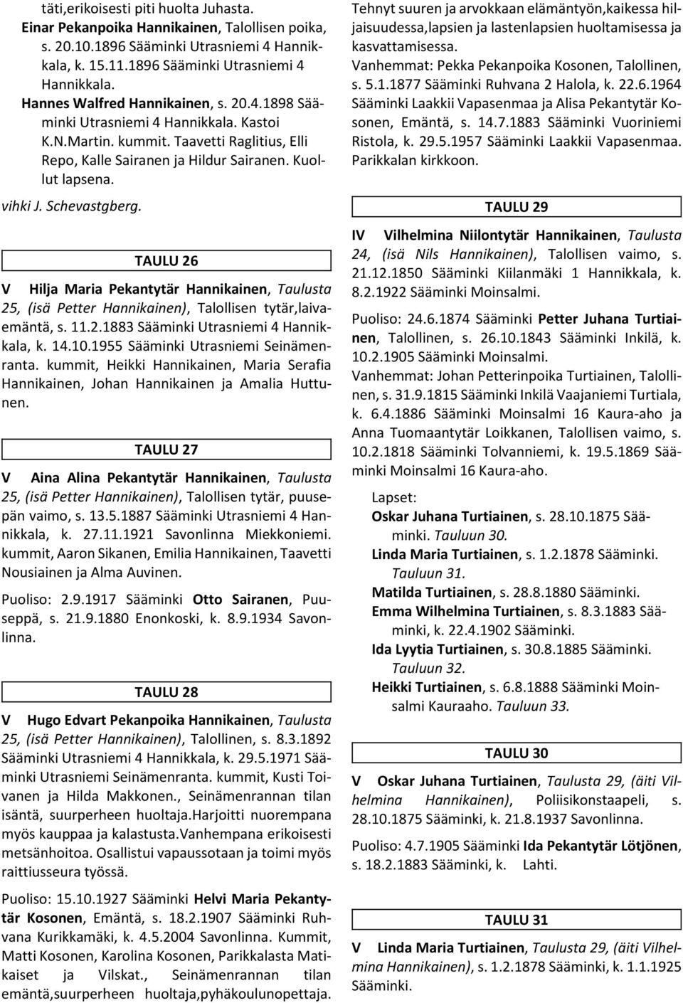 TAULU 26 V Hilja Maria Pekantytär Hannikainen, Taulusta 25, (isä Petter Hannikainen), Talollisen tytär,laivaemäntä, s. 11.2.1883 Sääminki Utrasniemi 4 Hannikkala, k. 14.10.