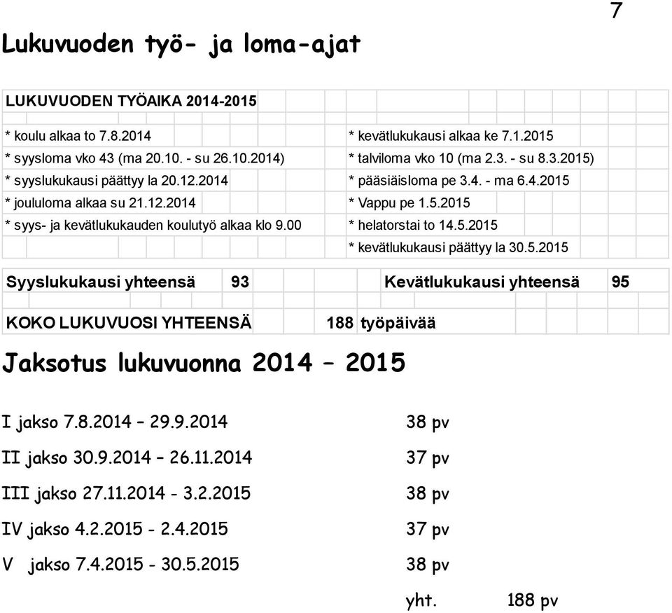 00 * helatorstai to 14.5.2015 * kevätlukukausi päättyy la 30.5.2015 Syyslukukausi yhteensä 93 Kevätlukukausi yhteensä 95 KOKO LUKUVUOSI YHTEENSÄ 188 työpäivää Jaksotus lukuvuonna 2014 2015 I jakso 7.