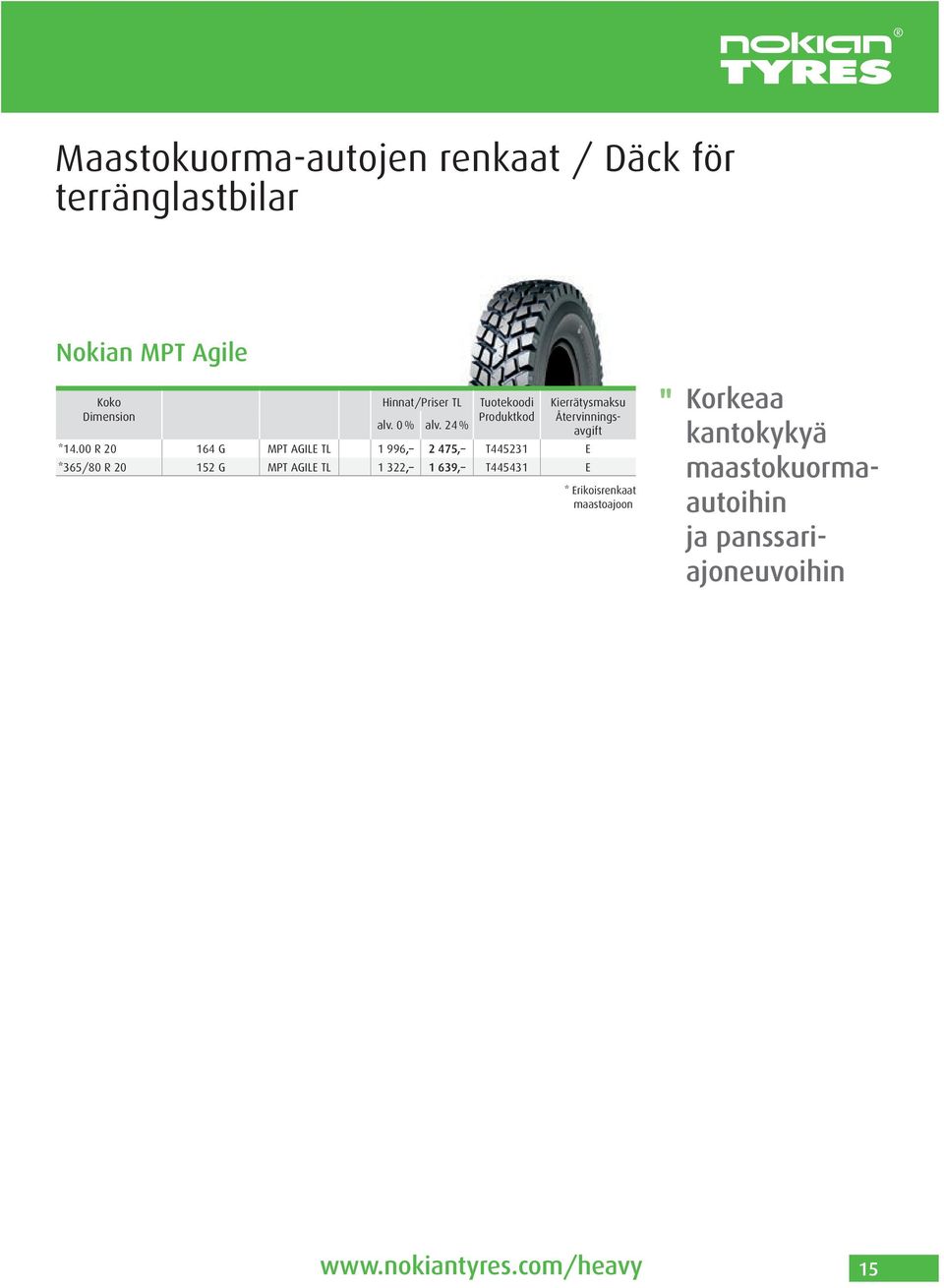 MPT AGILE TL 1 322, 1 639, T445431 E * Erikoisrenkaat maastoajoon " Korkeaa