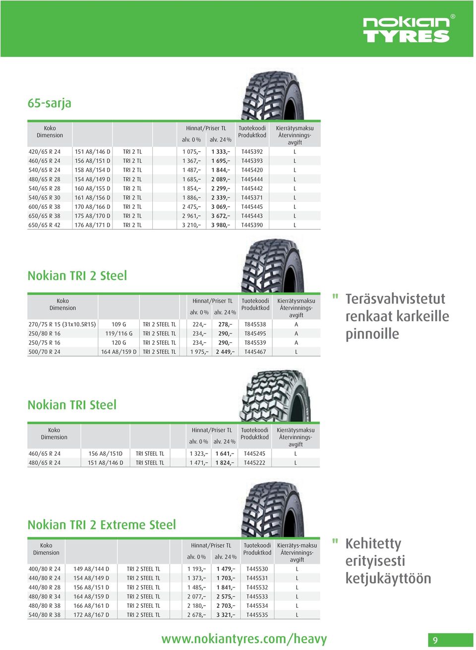 3 069, T445445 L 650/65 R 38 175 A8/170 D TRI 2 TL 2 961, 3 672, T445443 L 650/65 R 42 176 A8/171 D TRI 2 TL 3 210, 3 980, T445390 L Nokian TRI 2 Steel 270/75 R 15 (31x10.