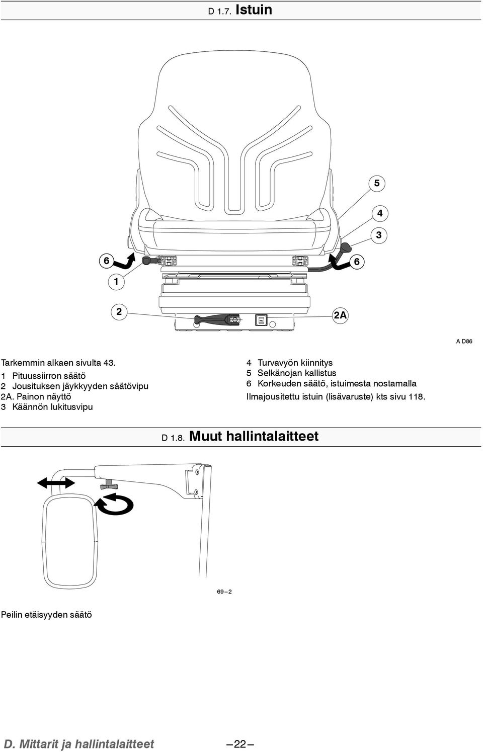 Painon näyttö 3 Käännön lukitusvipu 4 Turvavyön kiinnitys 5 Selkänojan kallistus 6 Korkeuden säätö,