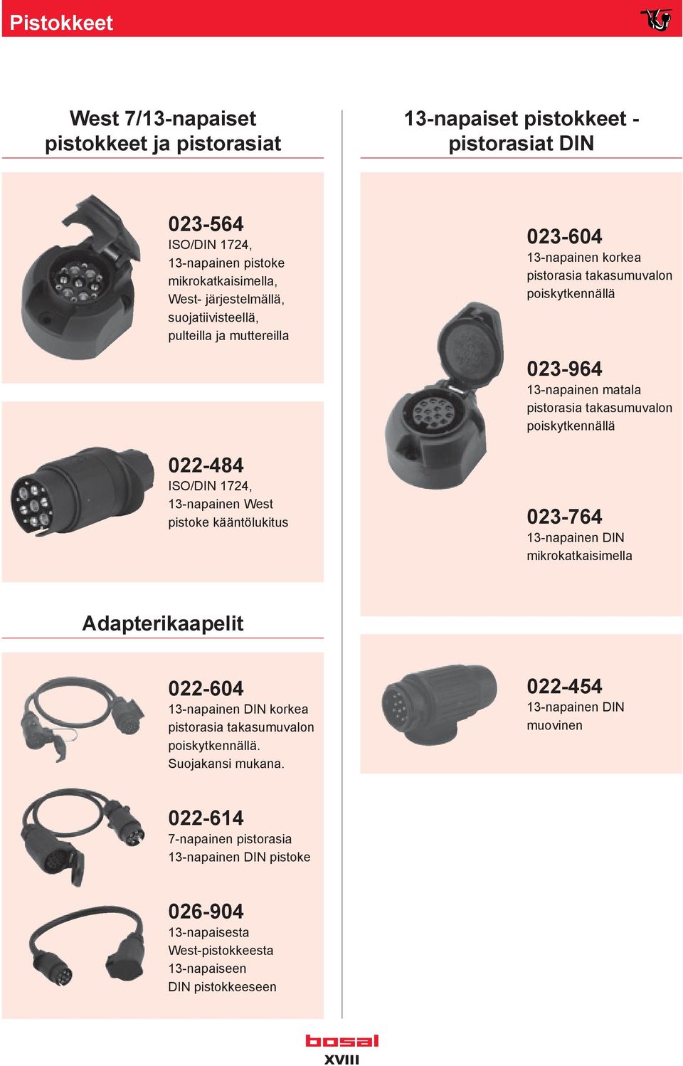 022-484 ISO/DIN 1724, 13-napainen West pistoke kääntölukitus 023-764 13-napainen DIN mikrokatkaisimella Adapterikaapelit 022-604 13-napainen DIN korkea pistorasia takasumuvalon