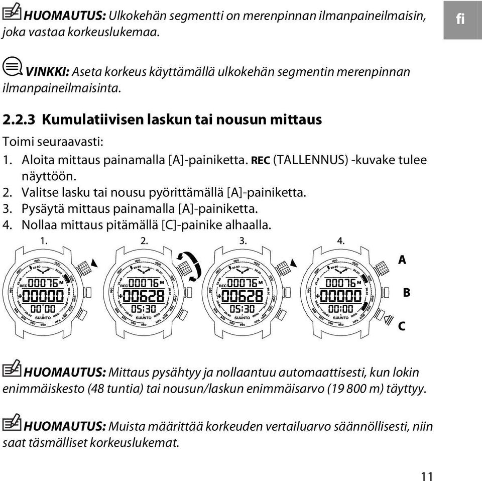 Valitse lasku tai nousu pyörittämällä [A]-painiketta. 3. Pysäytä mittaus painamalla [A]-painiketta. 4. Nollaa mittaus pitämällä [C]-painike alhaalla.