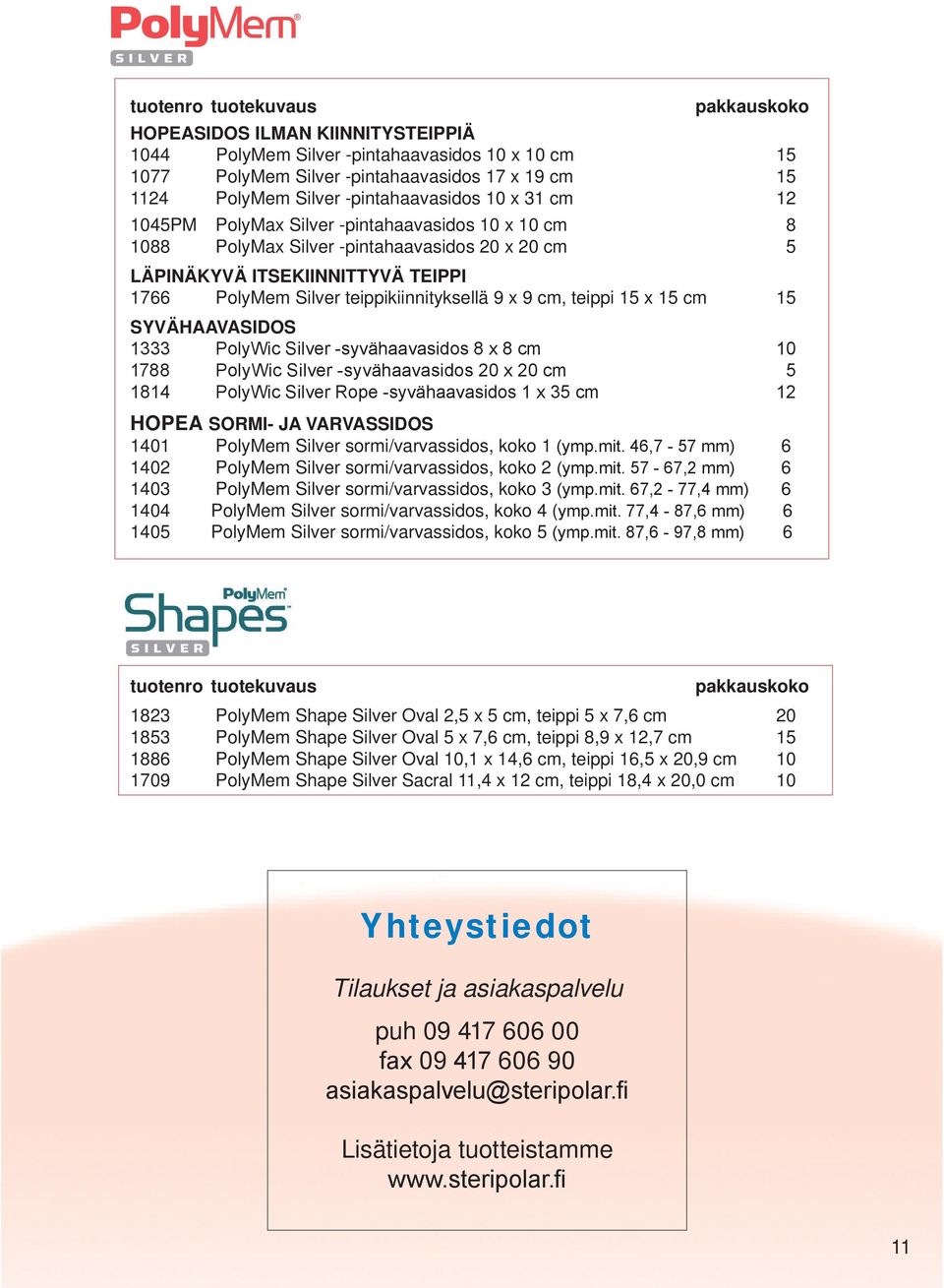 teippikiinnityksellä 9 x 9 cm, teippi 15 x 15 cm 15 SYVÄHAAVASIDOS HOPEA SORMI- JA VARVASSIDOS 1401 PolyMem Silver sormi/varvassidos, koko 1 6 1402 PolyMem Silver sormi/varvassidos, koko 2 6 1403