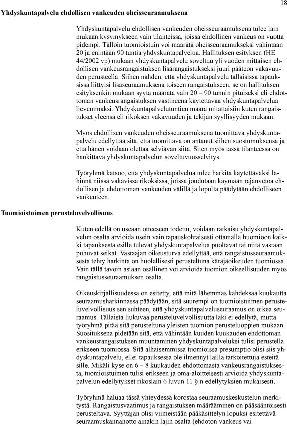 Hallituksen esityksen (HE 44/2002 vp) mukaan yhdyskuntapalvelu soveltuu yli vuoden mittaisen ehdollisen vankeusrangaistuksen lisärangaistukseksi juuri pääteon vakavuuden perusteella.