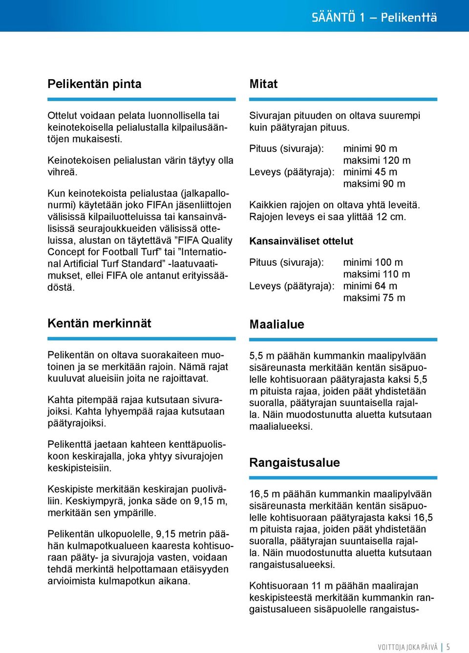 Quality Concept for Football Turf tai International Artificial Turf Standard -laatuvaatimukset, ellei FIFA ole antanut erityissäädöstä.