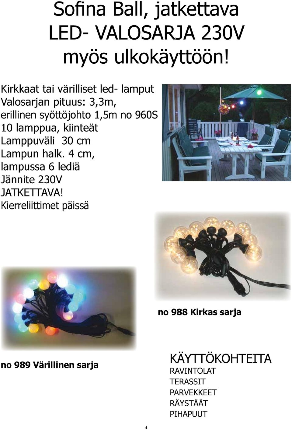 10 lamppua, kiinteät Lamppuväli 30 cm Lampun halk. 4 cm, lampussa 6 lediä Jännite 230V JATKETTAVA!