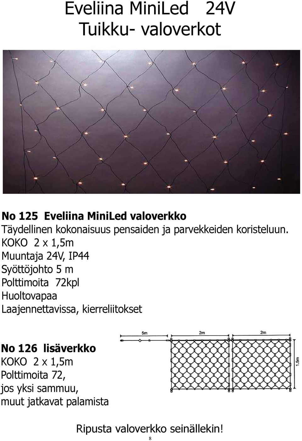 KOKO 2 x 1,5m Muuntaja 24V, IP44 Syöttöjohto 5 m Polttimoita 72kpl Huoltovapaa