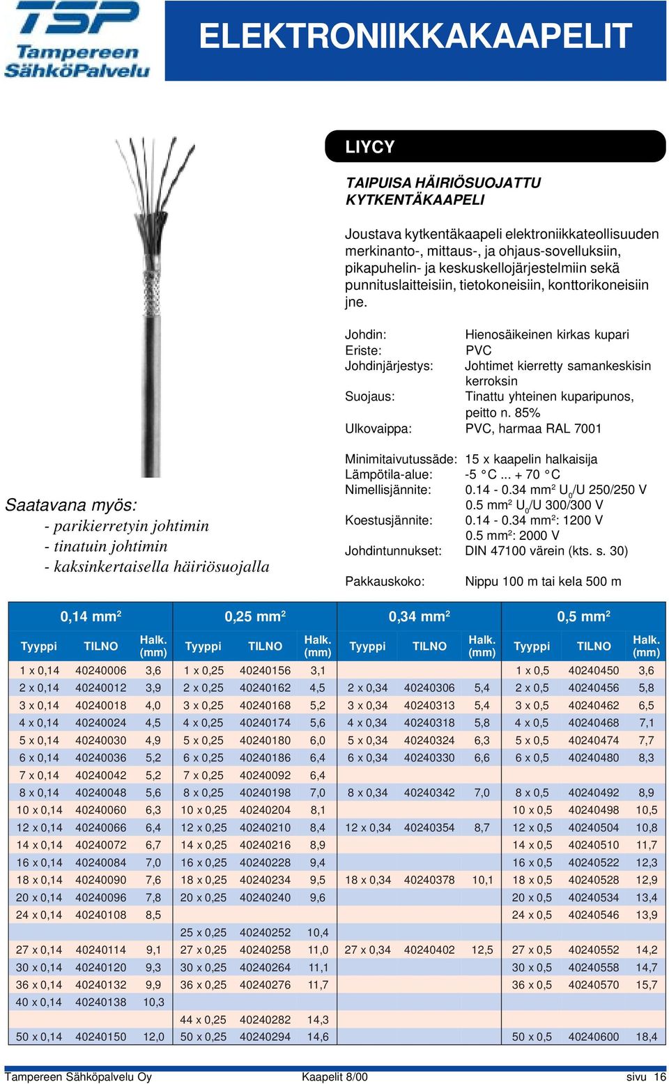 85% Ulkovaippa: PVC, harmaa RAL 71 Saatavaa myös: - parikierretyi johtimi - tiatui johtimi - kaksikertaisella häiriösuojalla Miimitaivutussäde: 15 x kaapeli halkaisija Lämpötila-alue: -5 C.