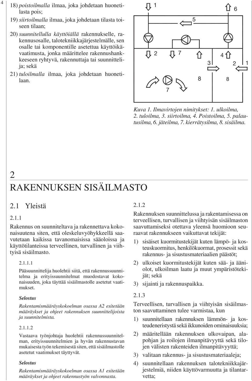 johdetaan huonetilaan. 1 7 6 1 7 Kuva 1. Ilmavirtojen nimitykset: 1. ulkoilma,. tuloilma,. siirtoilma,. Poistoilma,. palautusilma, 6. jäteilma, 7. kierrätysilma,. sisäilma. RAKENNUKSEN SISÄILMASTO.