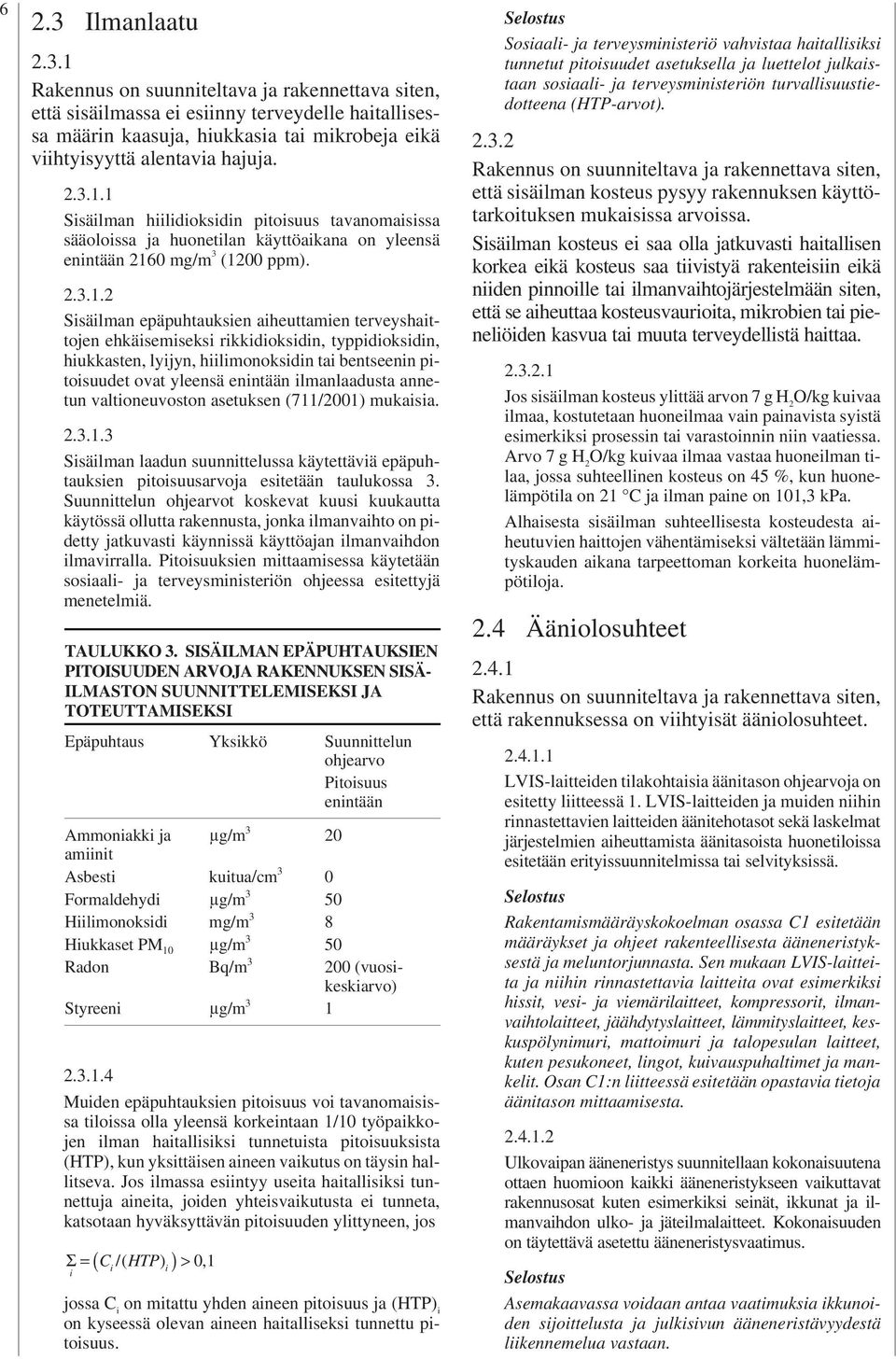 ilmanlaadusta annetun valtioneuvoston asetuksen (711/001) mukaisia...1. Sisäilman laadun suunnittelussa käytettäviä epäpuhtauksien pitoisuusarvoja esitetään taulukossa.