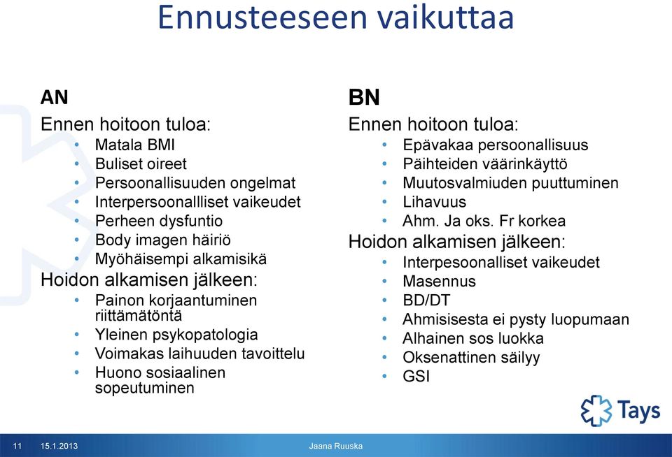 sosiaalinen sopeutuminen BN Ennen hoitoon tuloa: Epävakaa persoonallisuus Päihteiden väärinkäyttö Muutosvalmiuden puuttuminen Lihavuus Ahm. Ja oks.