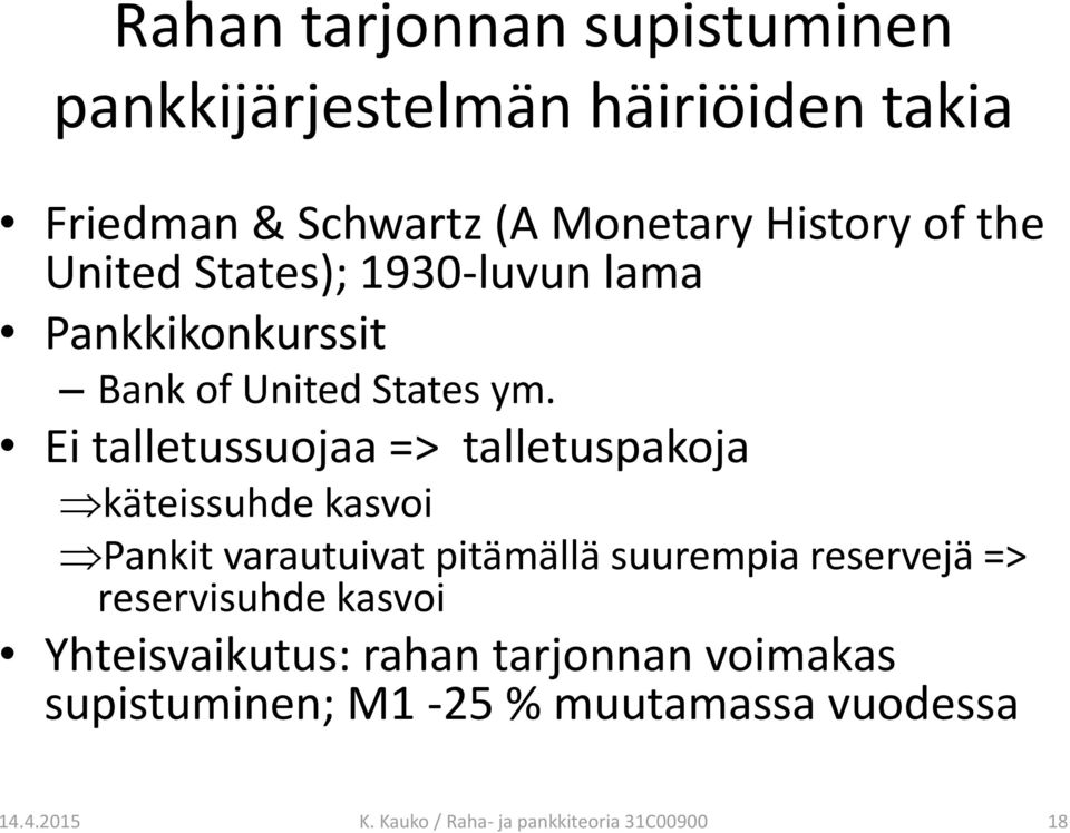 Ei talletussuojaa => talletuspakoja käteissuhde kasvoi Pankit varautuivat pitämällä suurempia reservejä =>