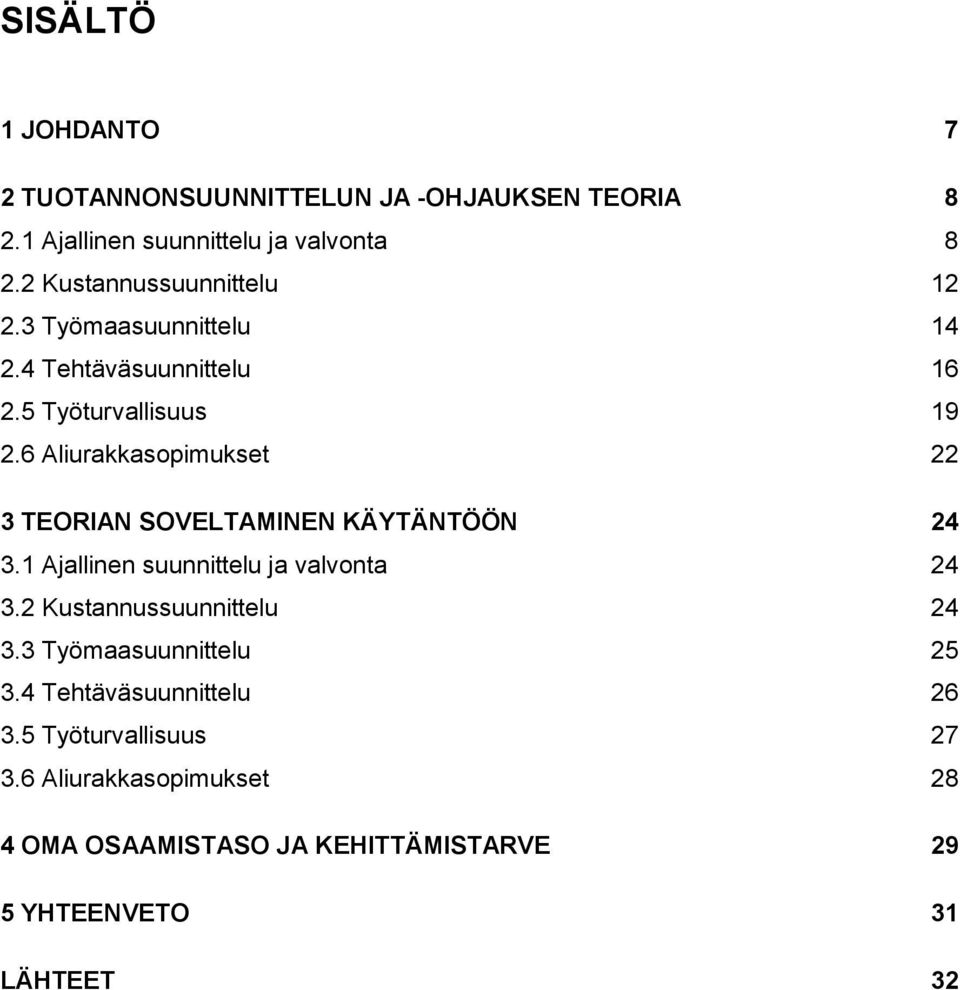 6 Aliurakkasopimukset 22 3 TEORIAN SOVELTAMINEN KÄYTÄNTÖÖN 24 3.1 Ajallinen suunnittelu ja valvonta 24 3.