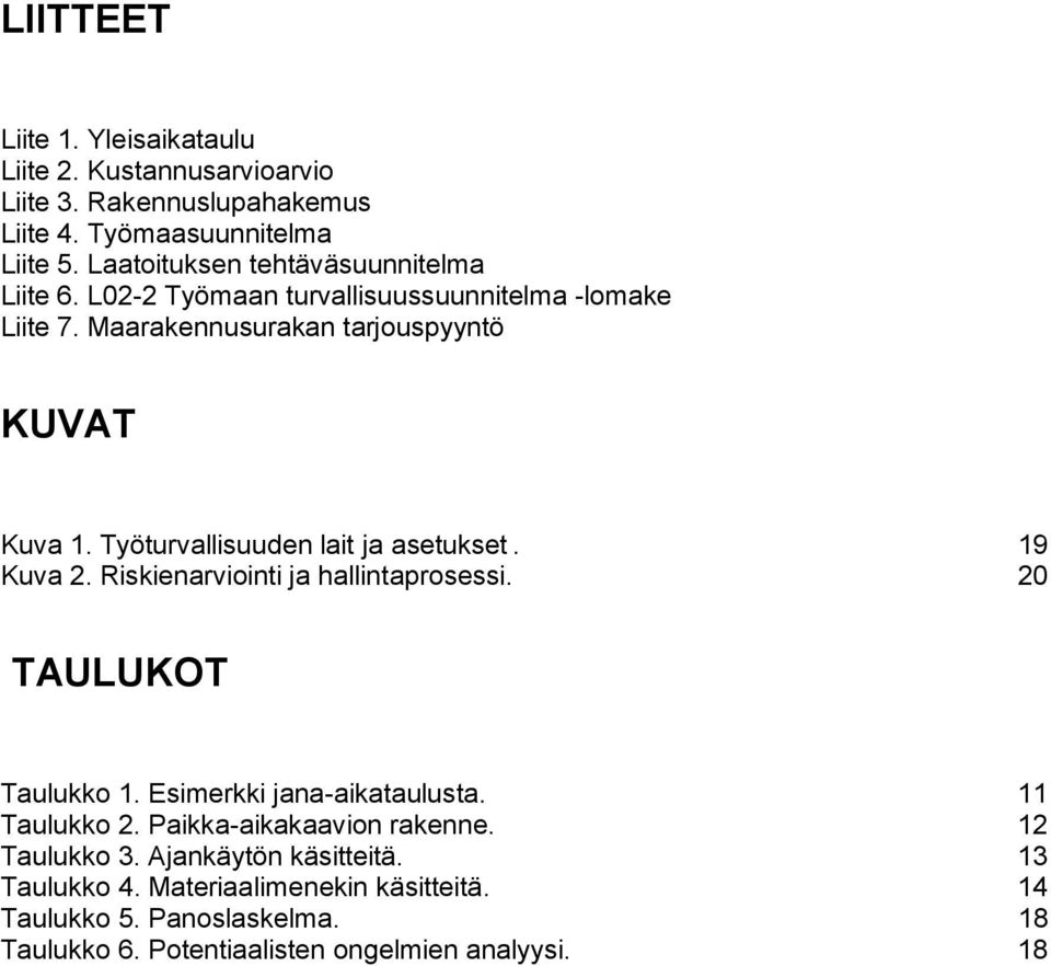 Työturvallisuuden lait ja asetukset. 19 Kuva 2. Riskienarviointi ja hallintaprosessi. 20 TAULUKOT Taulukko 1. Esimerkki jana-aikataulusta. 11 Taulukko 2.