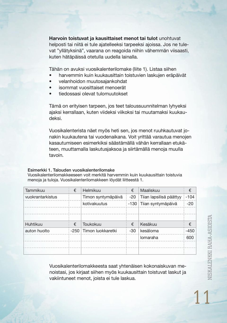 Listaa siihen harvemmin kuin kuukausittain toistuvien laskujen eräpäivät velanhoidon muutosajankohdat isommat vuosittaiset menoerät tiedossasi olevat tulomuutokset Tämä on erityisen tarpeen, jos teet