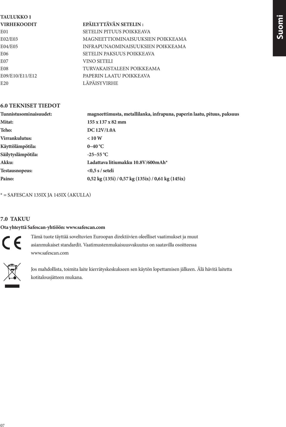 0 TEknISET TIEDOT Tunnistusominaisuudet: magneettimusta, metallilanka, infrapuna, paperin laatu, pituus, paksuus Mitat: 155 x 137 x 82 mm Teho: DC 12V/1.