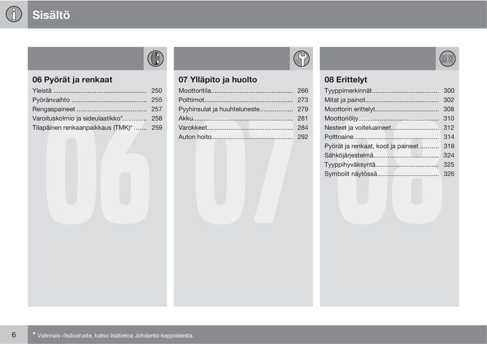 .. 292 08 Erittelyt 08 Tyyppimerkinnät... 300 Mitat ja painot... 302 Moottorin erittelyt... 308 Moottoriöljy... 310 Nesteet ja voiteluaineet... 312 Polttoaine.