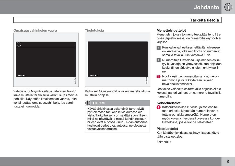 Käyttöohjekirjassa esitettävät tarrat eivät pyri olemaan tarkkoja kuvia autossa olevista. Tarkoituksena on näyttää suunnilleen, miltä ne näyttävät ja missä kohdin ne suunnilleen ovat autossa.