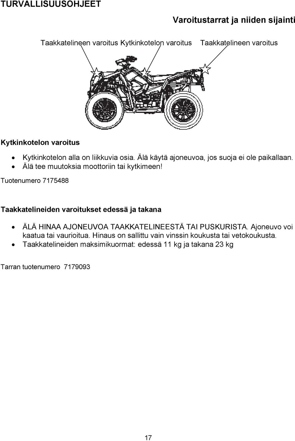 Tuotenumero 7175488 Taakkatelineiden varoitukset edessä ja takana ÄLÄ HINAA AJONEUVOA TAAKKATELINEESTÄ TAI PUSKURISTA.