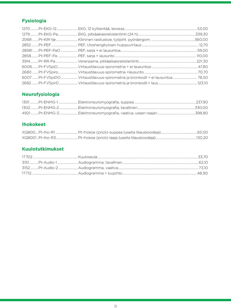 ..Verenpaine, pitkäaikaisrekisteröinti...221,30 6006...Pt-FVSpiO...Virtaustilavuus-spirometria + ei lausuntoa...47,80 2680...Pt-FVSpiro...Virtaustilavuus-spirometria +lausunto...70,70 6007...Pt-FVSpiDO.